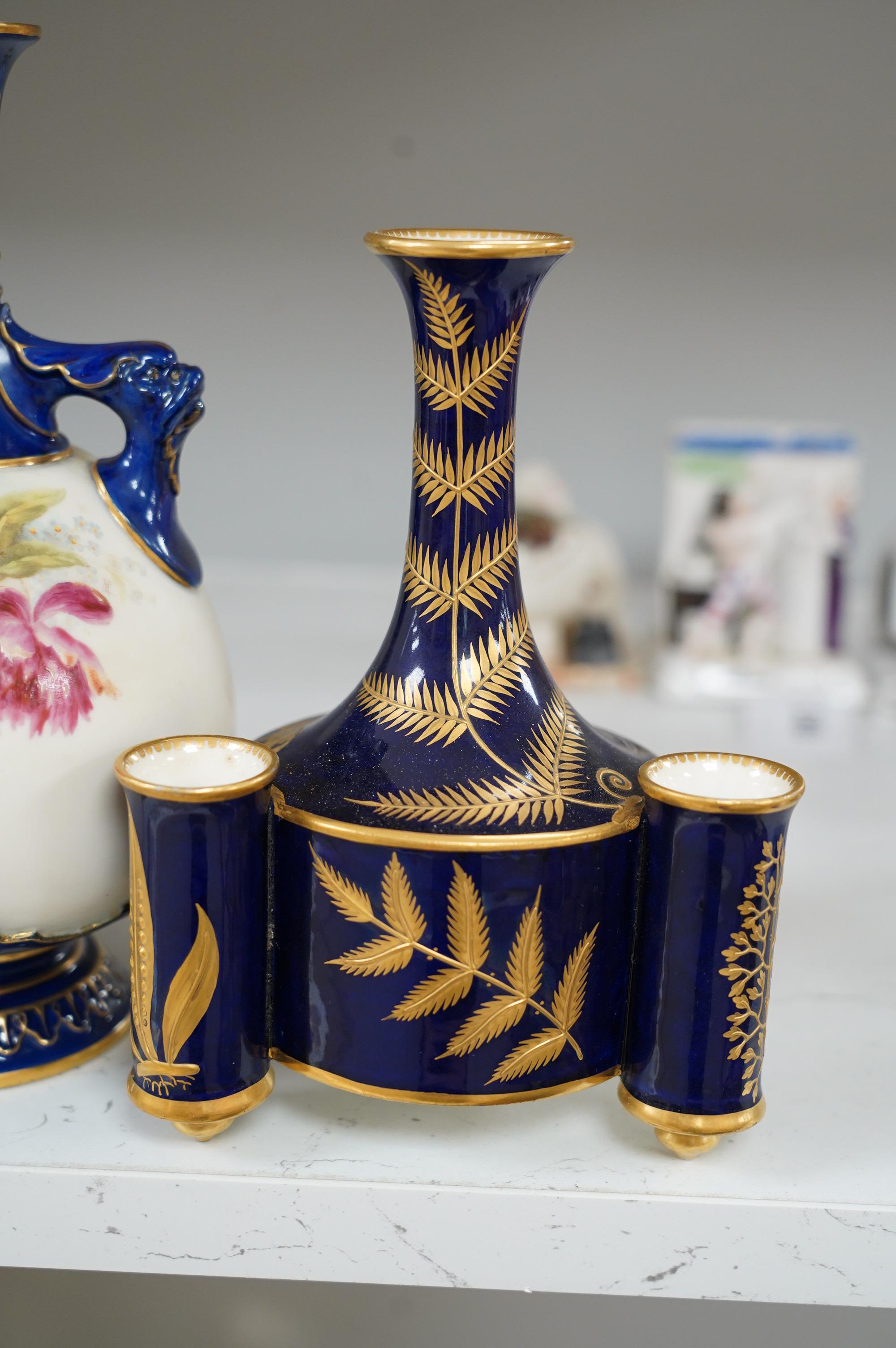 A large Royal Worcester dish, Johnson/Rogers, two Worcester vases, a bowl and a Worcester jar and cover, tallest vase 22cm high. Condition - some chips and gilt decoration worn